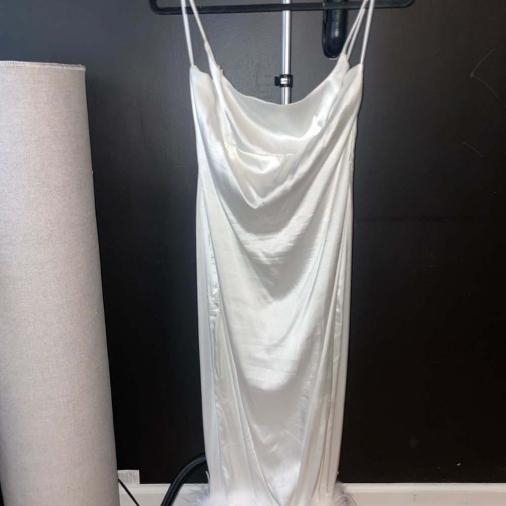 Fashion Nova White Satin Dress with feathers